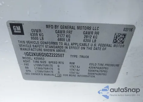 2016 Chevrolet Silverado 2500Hd Wt from USA, damaged, VIN 1GC2KUEG5GZ222507